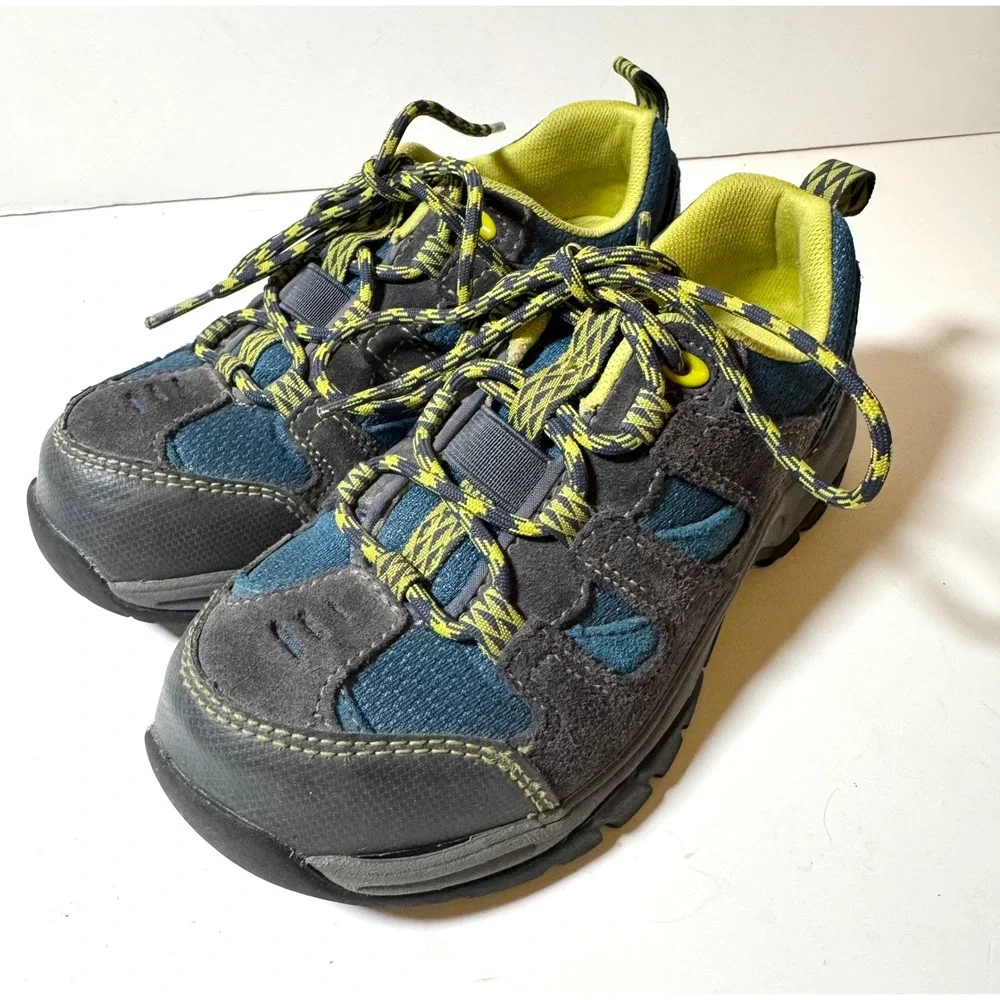 LL Bean Trail Model Hiking Shoes Kids Size 2 Blue Grey Lime Green Low Top 300510